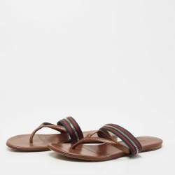 Pre Owned Gucci Brown Leather and Canvas Web Thong Flats Size 37.5