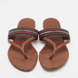 Pre Owned Gucci Brown Leather and Canvas Web Thong Flats Size 37.5