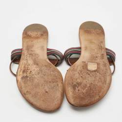 Pre Owned Gucci Brown Leather and Canvas Web Thong Flats Size 37.5