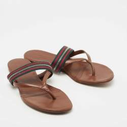 Pre Owned Gucci Brown Leather and Canvas Web Thong Flats Size 37.5