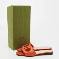Pre Owned Gucci Orange Leather Interlocking G Cutout Slide Sandal Size 38