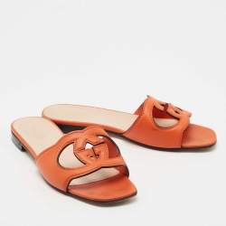 Pre Owned Gucci Orange Leather Interlocking G Cutout Slide Sandal Size 38