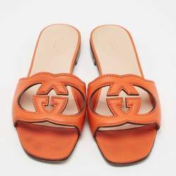 Pre Owned Gucci Orange Leather Interlocking G Cutout Slide Sandal Size 38