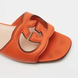 Pre Owned Gucci Orange Leather Interlocking G Cutout Slide Sandal Size 38