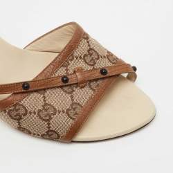 Gucci Brown Leather and GG Canvas Slides Size 40