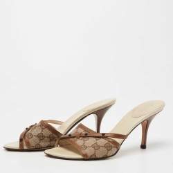 Gucci Brown Leather and GG Canvas Slides Size 40