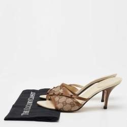 Gucci Brown Leather and GG Canvas Slides Size 40
