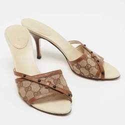 Gucci Brown Leather and GG Canvas Slides Size 40