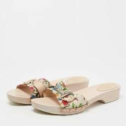 Gucci White Floral Print Canvas and Leather Icon Bit Wooden Clogs Size 41