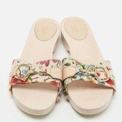 Gucci White Floral Print Canvas and Leather Icon Bit Wooden Clogs Size 41