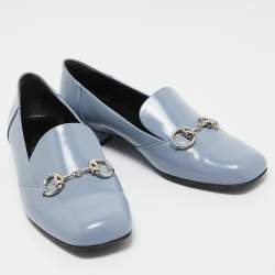 Pre Owned Gucci Light Blue Glossy Leather Horsebit Loafers Size 37.5