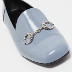 Pre Owned Gucci Light Blue Glossy Leather Horsebit Loafers Size 37.5