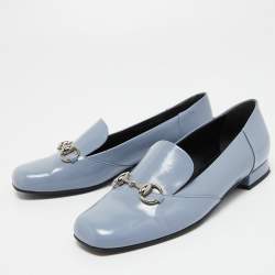 Pre Owned Gucci Light Blue Glossy Leather Horsebit Loafers Size 37.5