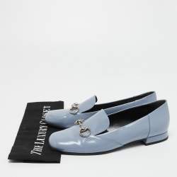 Pre Owned Gucci Light Blue Glossy Leather Horsebit Loafers Size 37.5