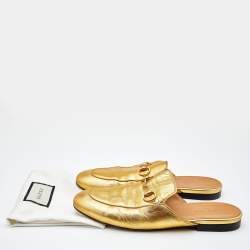 Pre Owned Gucci Metallic Gold Leather Princetown Horsebit Flat Mules Size 38