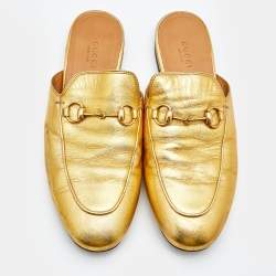Pre Owned Gucci Metallic Gold Leather Princetown Horsebit Flat Mules Size 38