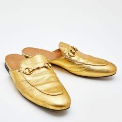 Pre Owned Gucci Metallic Gold Leather Princetown Horsebit Flat Mules Size 38