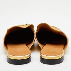 Pre Owned Gucci Metallic Gold Leather Princetown Horsebit Flat Mules Size 38