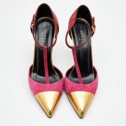 Pre Owned Gucci Pink/Gold Suede and Leather Pointed Toe T-Strap Pumps Size 36