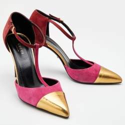 Pre Owned Gucci Pink/Gold Suede and Leather Pointed Toe T-Strap Pumps Size 36