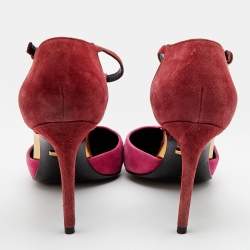 Pre Owned Gucci Pink/Gold Suede and Leather Pointed Toe T-Strap Pumps Size 36