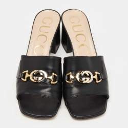 Gucci Black Leather Zumi Slide Sandals Size 38