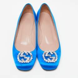 Pre Owned Gucci Blue Satin Interlocking G Ballet Flats Size 39