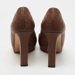 Pre Owned Gucci Brown Microguccissima Leather Peep Toe Platform Pumps Size 37.5