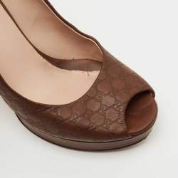 Pre Owned Gucci Brown Microguccissima Leather Peep Toe Platform Pumps Size 37.5