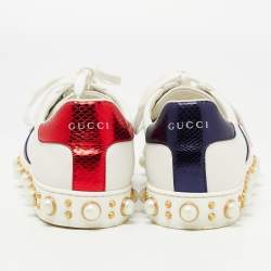 Gucci White Leather Pearl Embellished New Ace Sneakers Size 38.5