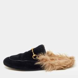 Gucci Navy Blue Fur and Velvet Princetown Mules Size 40.5 