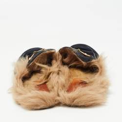 Gucci Navy Blue Fur and Velvet Princetown Mules Size 40.5 