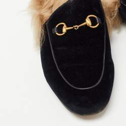Gucci Navy Blue Fur and Velvet Princetown Mules Size 40.5 