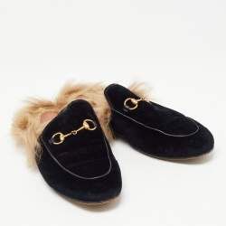 Gucci Navy Blue Fur and Velvet Princetown Mules Size 40.5 