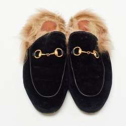 Gucci Navy Blue Fur and Velvet Princetown Mules Size 40.5 