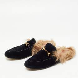 Gucci Navy Blue Fur and Velvet Princetown Mules Size 40.5 