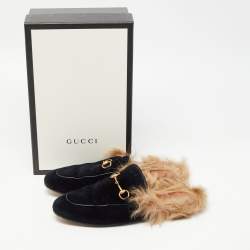 Gucci Navy Blue Fur and Velvet Princetown Mules Size 40.5 