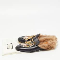 Pre Owned Gucci Black Tiger Embroidered Leather and Fur Princetown Flat Mules Size 38.5