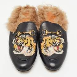 Pre Owned Gucci Black Tiger Embroidered Leather and Fur Princetown Flat Mules Size 38.5