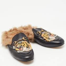 Pre Owned Gucci Black Tiger Embroidered Leather and Fur Princetown Flat Mules Size 38.5