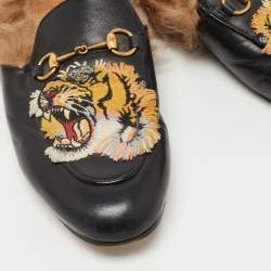 Pre Owned Gucci Black Tiger Embroidered Leather and Fur Princetown Flat Mules Size 38.5