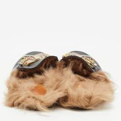 Pre Owned Gucci Black Tiger Embroidered Leather and Fur Princetown Flat Mules Size 38.5