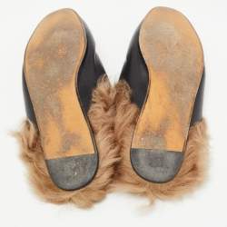Pre Owned Gucci Black Tiger Embroidered Leather and Fur Princetown Flat Mules Size 38.5