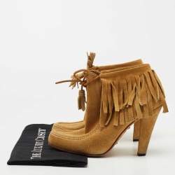 Pre Owned Gucci Mustard Suede Fringe Ankle Length Boots Size 36.5 