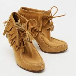 Pre Owned Gucci Mustard Suede Fringe Ankle Length Boots Size 36.5 