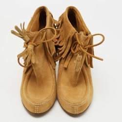 Pre Owned Gucci Mustard Suede Fringe Ankle Length Boots Size 36.5 