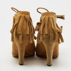 Pre Owned Gucci Mustard Suede Fringe Ankle Length Boots Size 36.5 