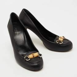 Pre Owned Gucci Black Leather Bamboo Horsebit Loafer Pumps Size 38.5