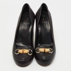 Pre Owned Gucci Black Leather Bamboo Horsebit Loafer Pumps Size 38.5