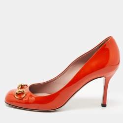 Pre Owned Gucci Orange Patent Leather Horsebit Pumps Size 38